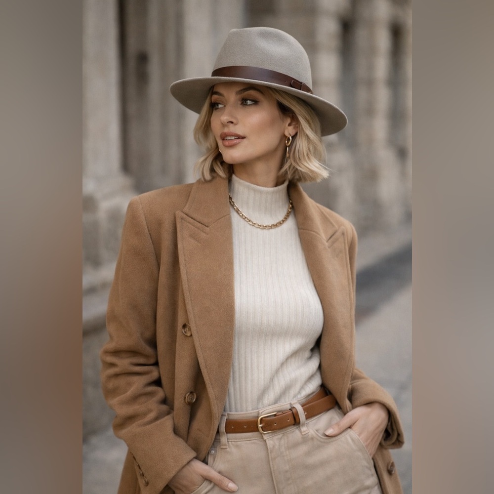 HAT ATTACK Tan Wool Fedora with Brown Leather Strap Detail